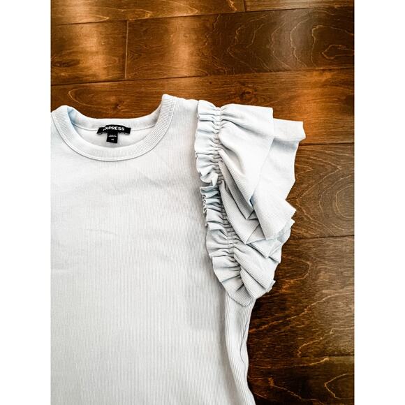 Express Women's XS Ribbed Ruffle‎ Sleeve Top Light Blue Cotton Spandex - Picture 2 of 8